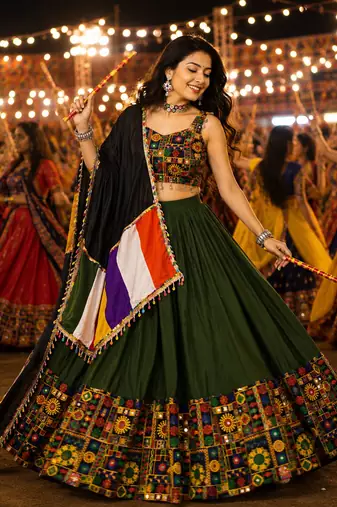 Mehendi Gamthi Mirror Work Navratri Lehenga Choli Set 