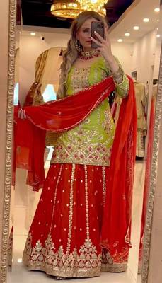 Lime green & red embroidered lehenga choli set with dupatta 2