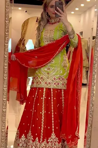 Lime green & red embroidered lehenga choli set with dupatta