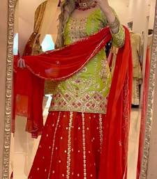 Lime green & red embroidered lehenga choli set with dupatta