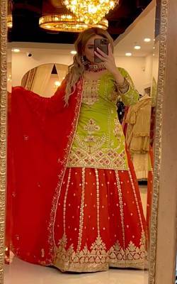 Lime green & red embroidered lehenga choli set with dupatta 1