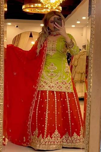 Lime green & red embroidered lehenga choli set with dupatta