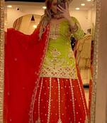 Lime green & red embroidered lehenga choli set with dupatta