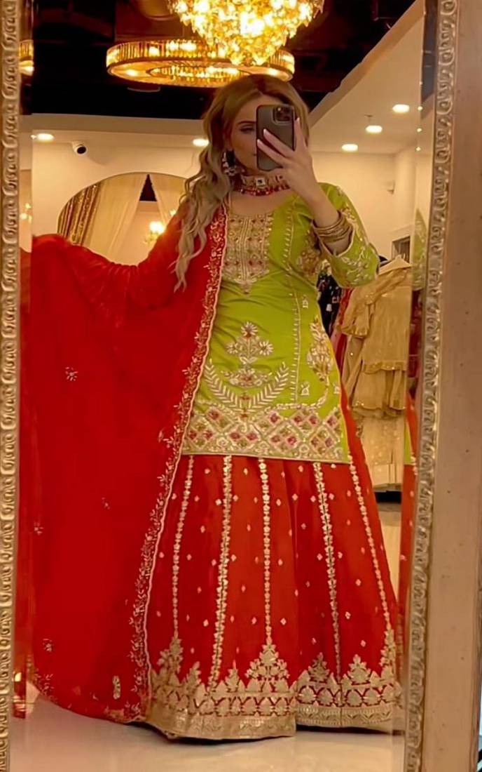 Lime green & red embroidered lehenga choli set with dupatta