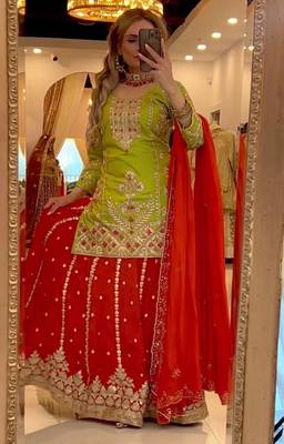 Lime green & red embroidered lehenga choli set with dupatta 3