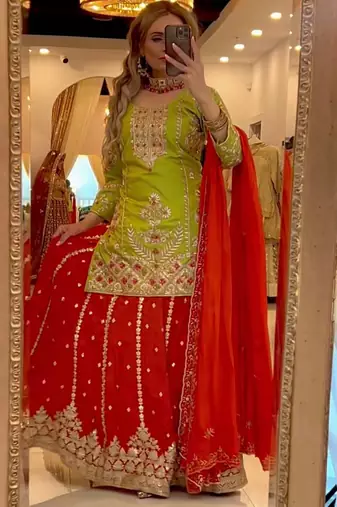 Lime green & red embroidered lehenga choli set with dupatta