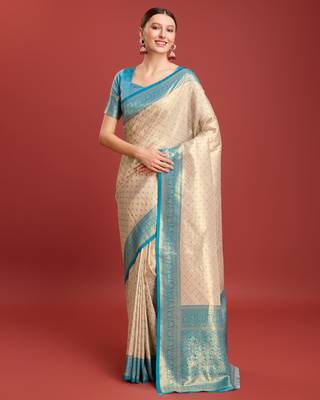 Off white sky kanjivaram silk banarasi jacuard work saree with unstitched blouse piece 1