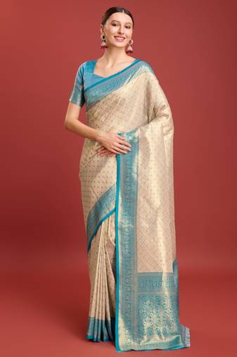Off white sky kanjivaram silk banarasi jacuard work saree with unstitched blouse piece