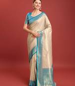 Off white sky kanjivaram silk banarasi jacuard work saree with unstitched blouse piece