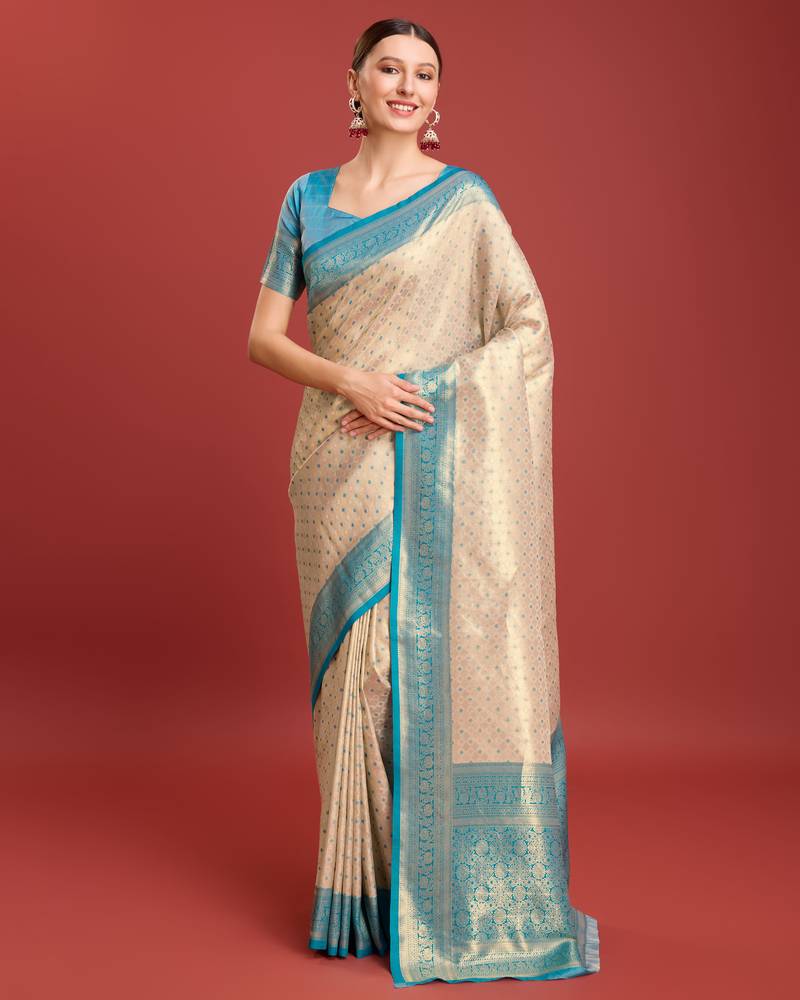 Off white sky kanjivaram silk banarasi jacuard work saree with unstitched blouse piece