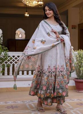 Elegant grey floral printed anarkali suit set with dupatta for women 1