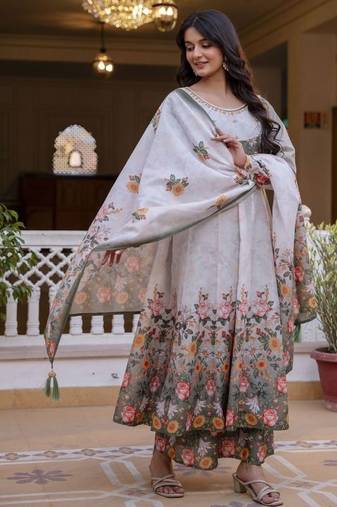 Elegant grey floral printed anarkali suit set with dupatta for women