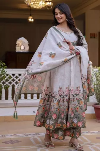 Elegant grey floral printed anarkali suit set with dupatta for women