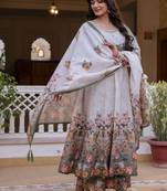 Elegant grey floral printed anarkali suit set with dupatta for women