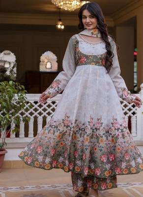 Elegant grey floral printed anarkali suit set with dupatta for women 2