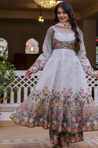 Elegant grey floral printed anarkali suit set with dupatta for women