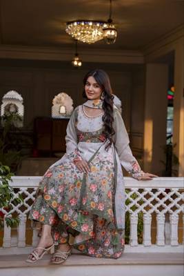 Elegant grey floral printed anarkali suit set with dupatta for women 3