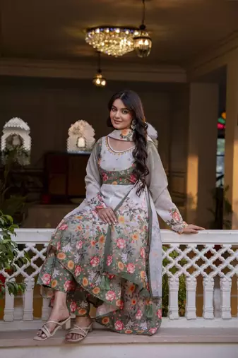 Elegant grey floral printed anarkali suit set with dupatta for women