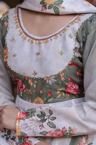 Elegant grey floral printed anarkali suit set with dupatta for women