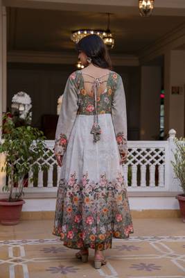 Elegant grey floral printed anarkali suit set with dupatta for women 5