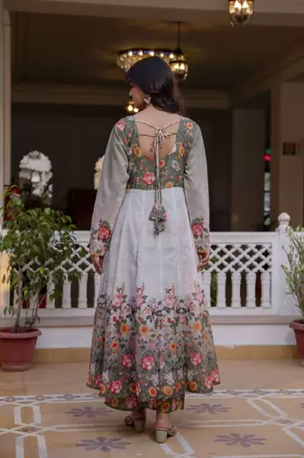 Elegant grey floral printed anarkali suit set with dupatta for women