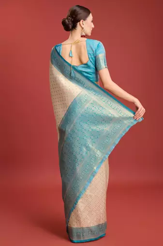 Off white sky kanjivaram silk banarasi jacuard work saree with unstitched blouse piece