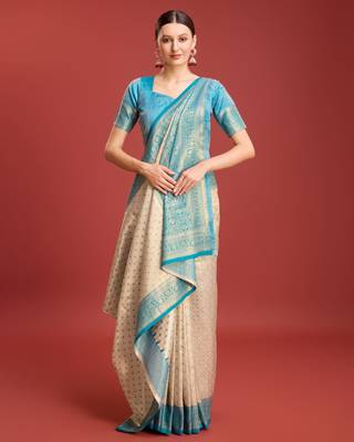 Off white sky kanjivaram silk banarasi jacuard work saree with unstitched blouse piece 4