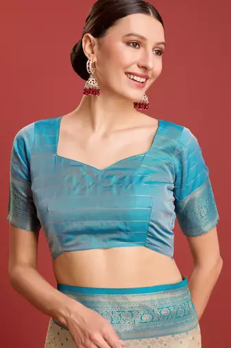 Off white sky kanjivaram silk banarasi jacuard work saree with unstitched blouse piece