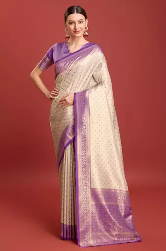Off white sky banarasi silk blend jacuard work saree with unstitched blouse piece