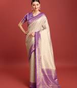 Off white sky banarasi silk blend jacuard work saree with unstitched blouse piece