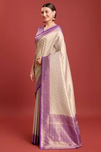 Off white sky banarasi silk blend jacuard work saree with unstitched blouse piece