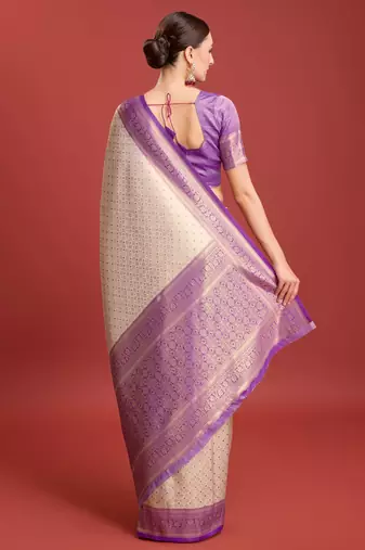 Off white sky banarasi silk blend jacuard work saree with unstitched blouse piece
