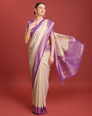 Off white sky banarasi silk blend jacuard work saree with unstitched blouse piece 4