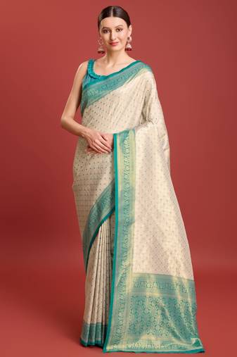 Off white sky kanjivaram silk banarasi jacuard work saree with unstitched blouse piece