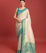 Off white sky kanjivaram silk banarasi jacuard work saree with unstitched blouse piece