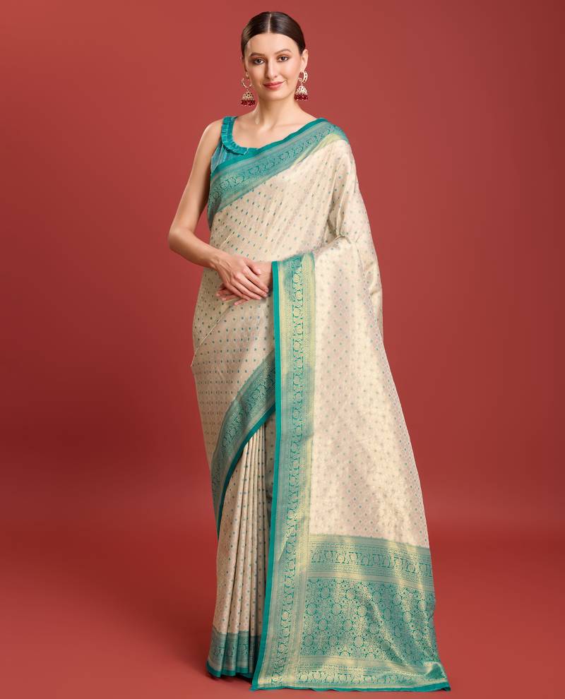 Off white sky kanjivaram silk banarasi jacuard work saree with unstitched blouse piece