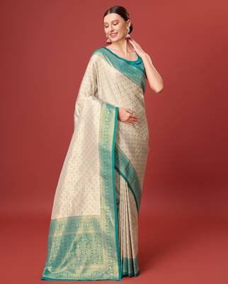 Off white sky kanjivaram silk banarasi jacuard work saree with unstitched blouse piece 2