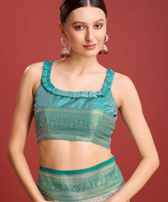 Off white sky kanjivaram silk banarasi jacuard work saree with unstitched blouse piece 5