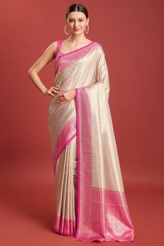 Off white pink kanjivaram silk banarasi jacuard work saree with unstitched blouse piece