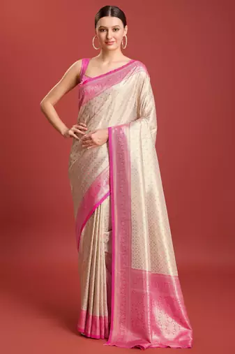 Off white pink kanjivaram silk banarasi jacuard work saree with unstitched blouse piece