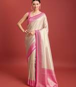 Off white pink kanjivaram silk banarasi jacuard work saree with unstitched blouse piece