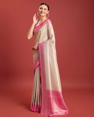 Off white pink kanjivaram silk banarasi jacuard work saree with unstitched blouse piece 2