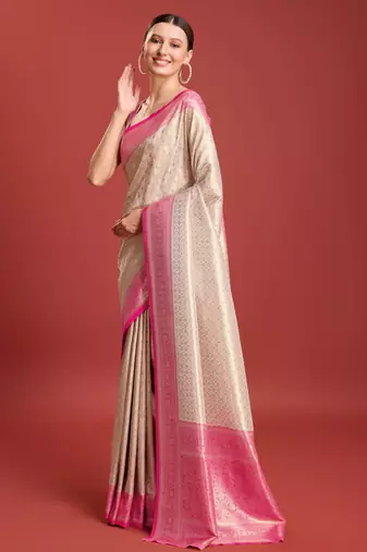 Off white pink kanjivaram silk banarasi jacuard work saree with unstitched blouse piece