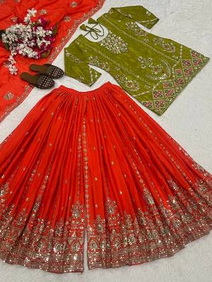 Lime green & red embroidered lehenga choli set with dupatta 4