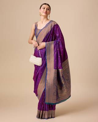 wine silk blend banarasi jacuard work saree with unstitched blouse piece 1