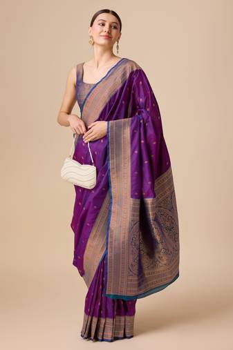 wine silk blend banarasi jacuard work saree with unstitched blouse piece