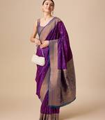 wine silk blend banarasi jacuard work saree with unstitched blouse piece