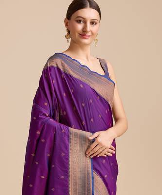 wine silk blend banarasi jacuard work saree with unstitched blouse piece 4