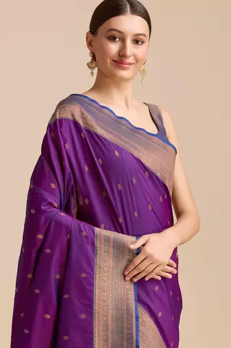 wine silk blend banarasi jacuard work saree with unstitched blouse piece