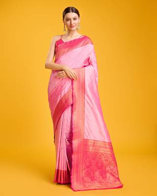 pink silk blend banarasi jacuard work saree with unstitched blouse piece 1